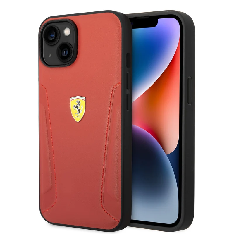 Coque iPhone 14 Ferrari side seams rouge cuir véritable