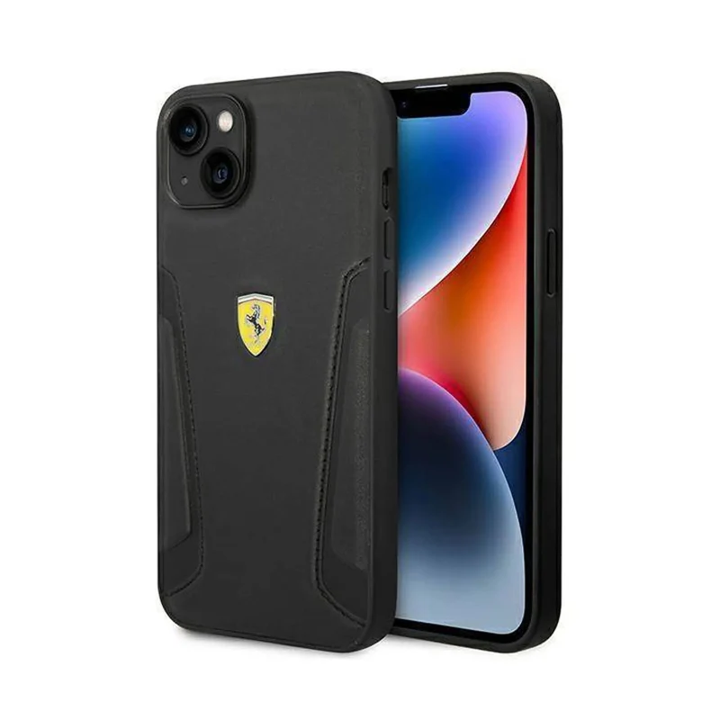 Coque iPhone 14 Ferrari side seams noire cuir véritable