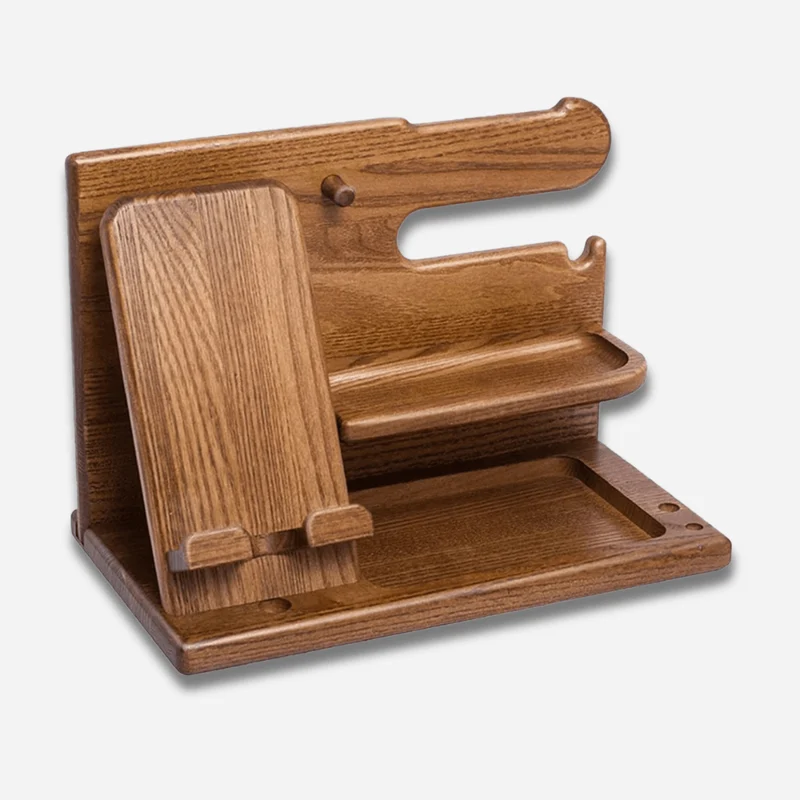 Support téléphone bureau en bois massif avec rangements