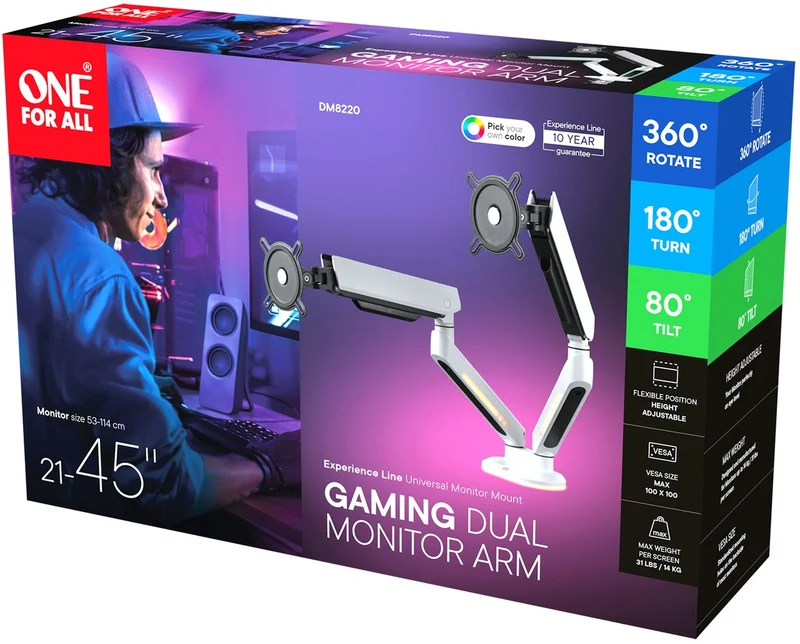 Support écran PC ONE FOR ALL 2 écrans 21/45'' blanc RGB inclinable