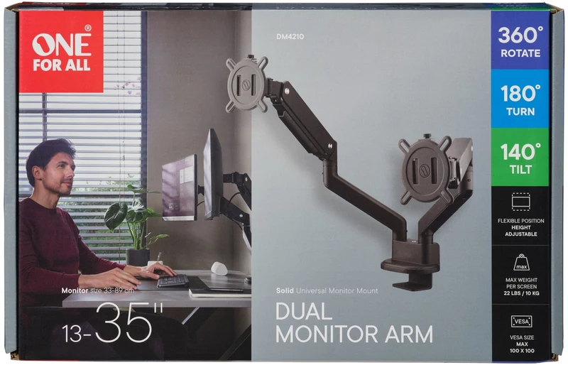 Support écran PC ONE FOR ALL Dual Arm noir 13-35 pouces Orientable et