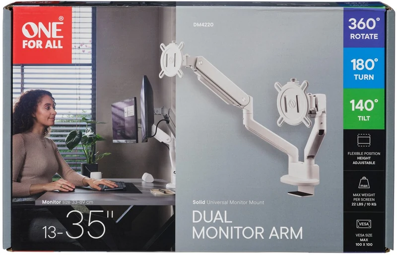 Support écran PC ONE FOR ALL Dual Arm blanc 13-35 pouces Orientable e