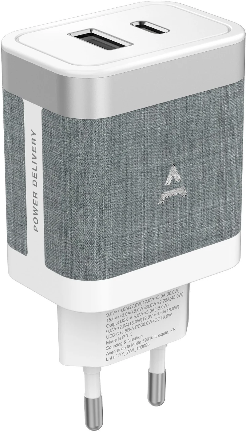 Chargeur ADEQWAT 45W charge rapide USB + USB-C Blanc