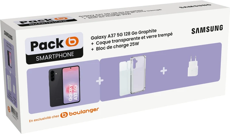 Smartphone SAMSUNG Pack A37 5G 128Go Graphite Black + Coque transparente + Verre trempé + Bloc de charge 25W