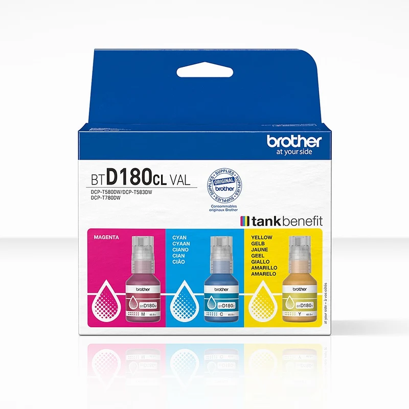Cartouche d'encre BROTHER Pack 3 Bouteilles d'Encre BTD180 Couleurs (YMC) - BTD180VAL