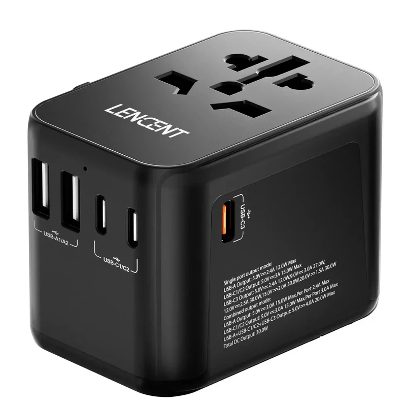LENCENT 30W 4-Port Fast Charging Travel Socket - Power Delivery PD Phone Charger Plug