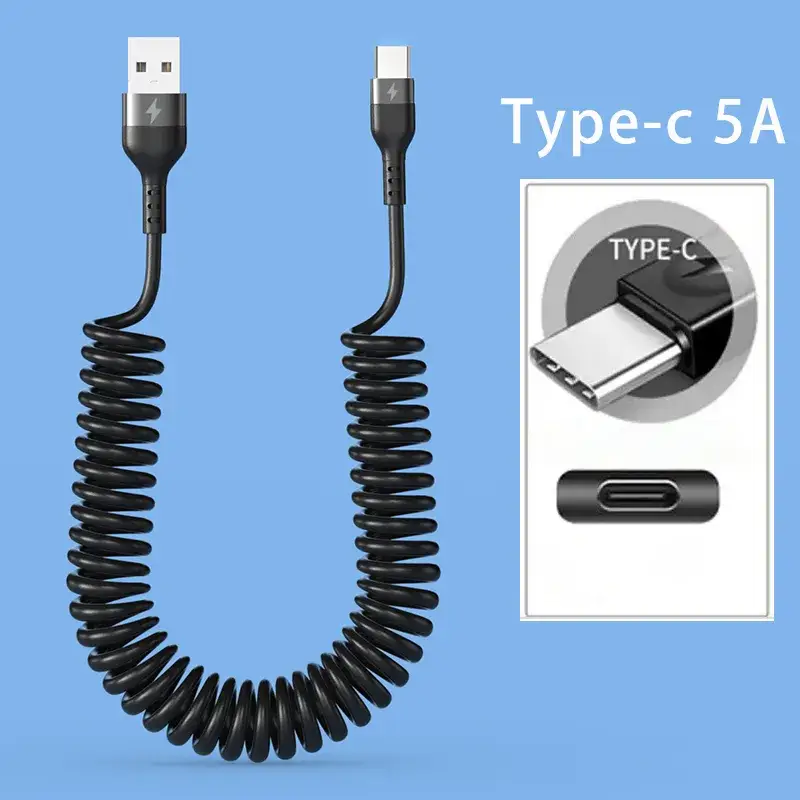 5A 66W Fast Charging USB Type C Cable 3A Micro USB Spring Car Cable For Xiaomi Redmi Samsung Realme