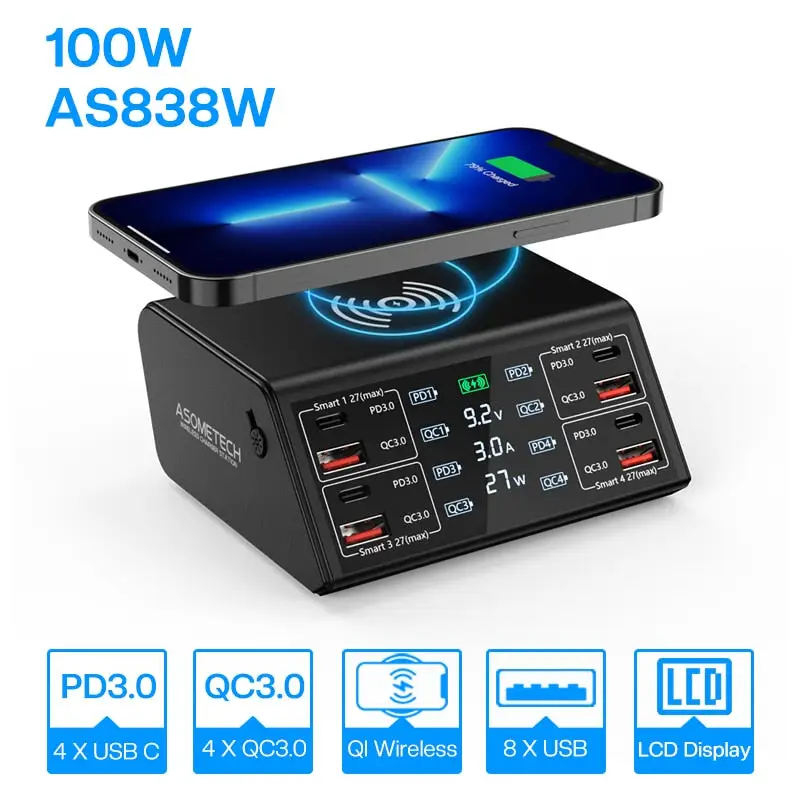 100W 8-Port Magnetic Wireless Fast Charging Hub - USB A / Type-C Power Delivery PD Phone Charger Stand