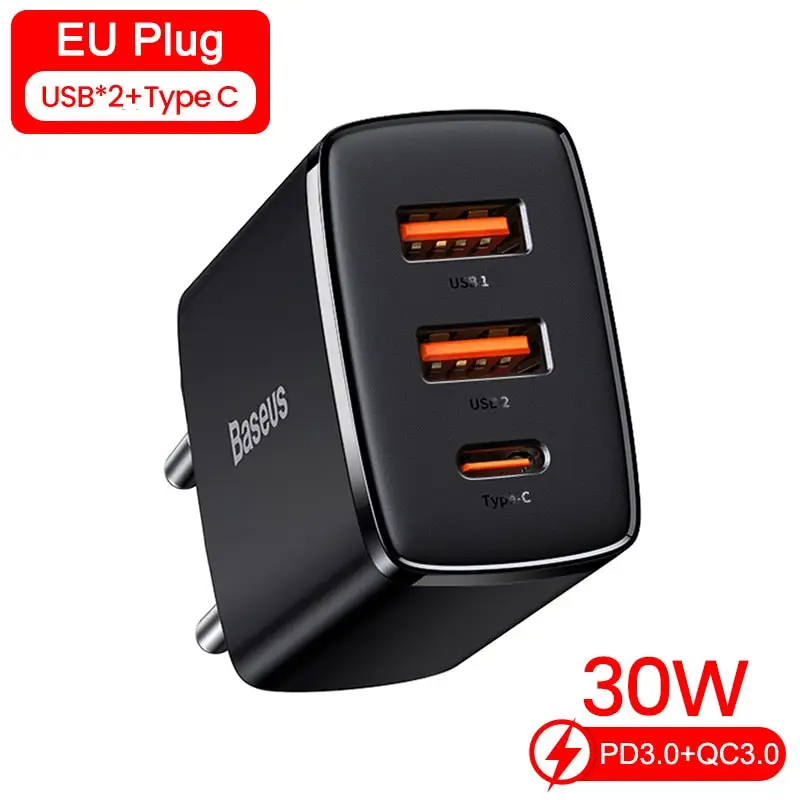 Baseus 30W 3-Port Fast Charging Socket - USB A / Type-C Power Delivery PD Phone Charger Plug