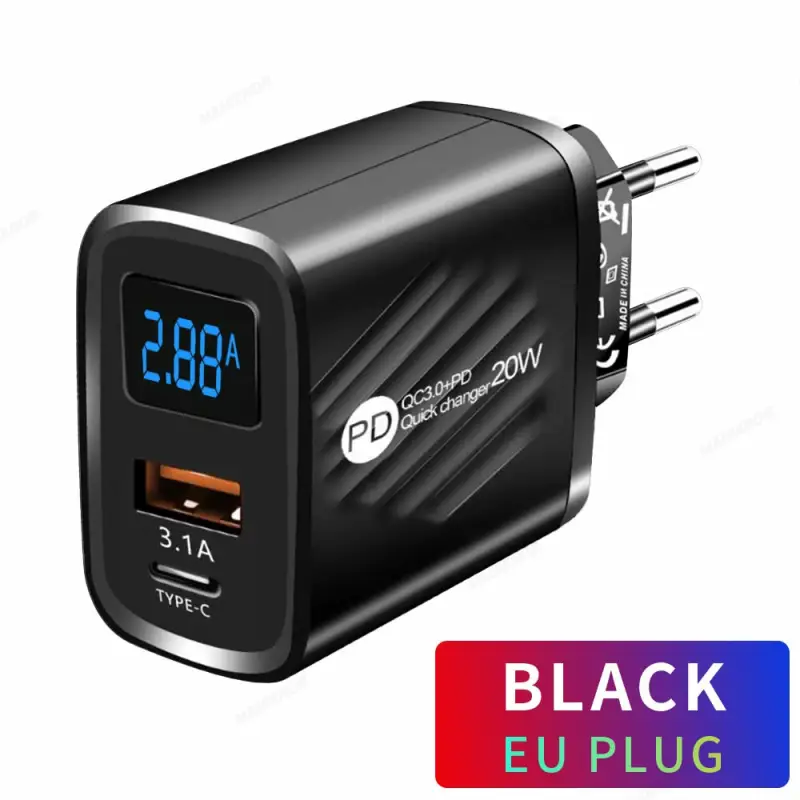 20W Fast Charging Socket with Digital Display - USB A / Type C Power Delivery PD Phone Charger Plug