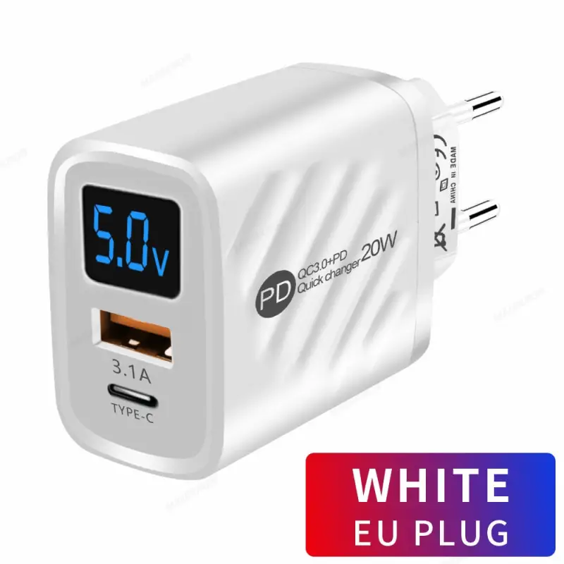 20W 2-Port USB A / Type-C Fast Charging Socket with LCD Display - Power Delivery PD Phone Charger