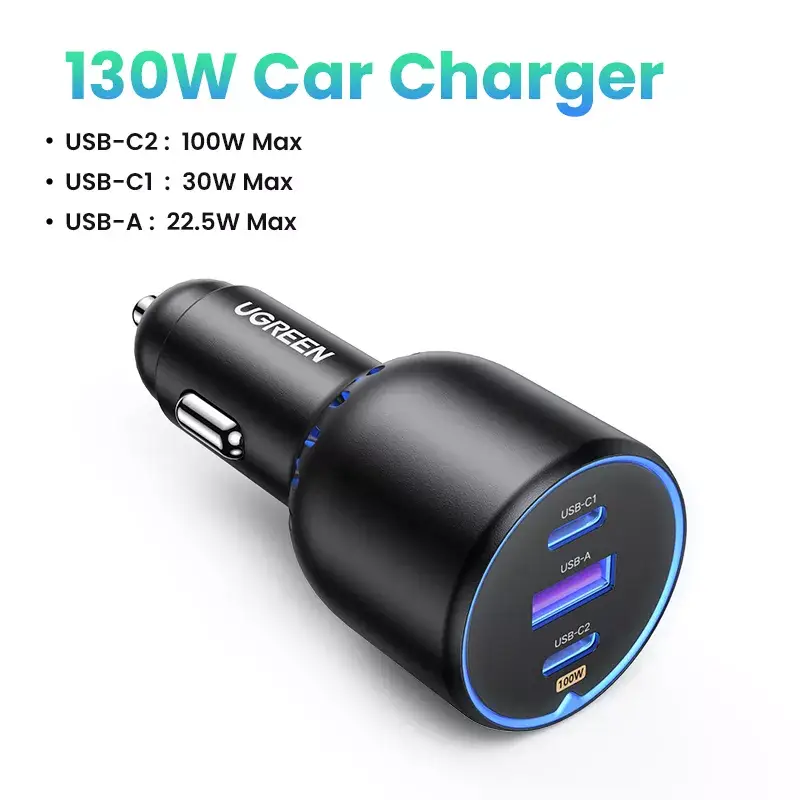 UGREEN 130W 3-Port Fast Charging Car Socket - USB A / Type-C Power Delivery PD Auto Phone Charger
