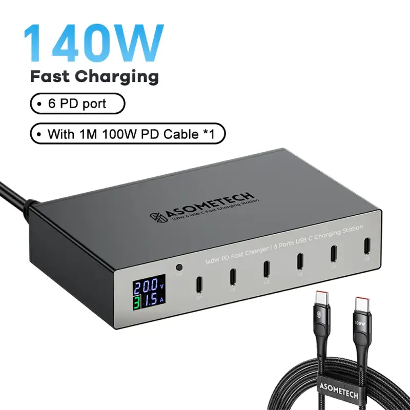 Asometech 140W 6-Port Fast Charging Hub + LED Display - Power Delivery PD Phone Charger Stand