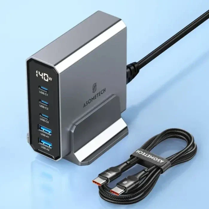 ASOMETECH 140W GaN 5-Port Fast Charging Desk Hub - USB A / Type C Power Delivery PD Phone Charger Stand