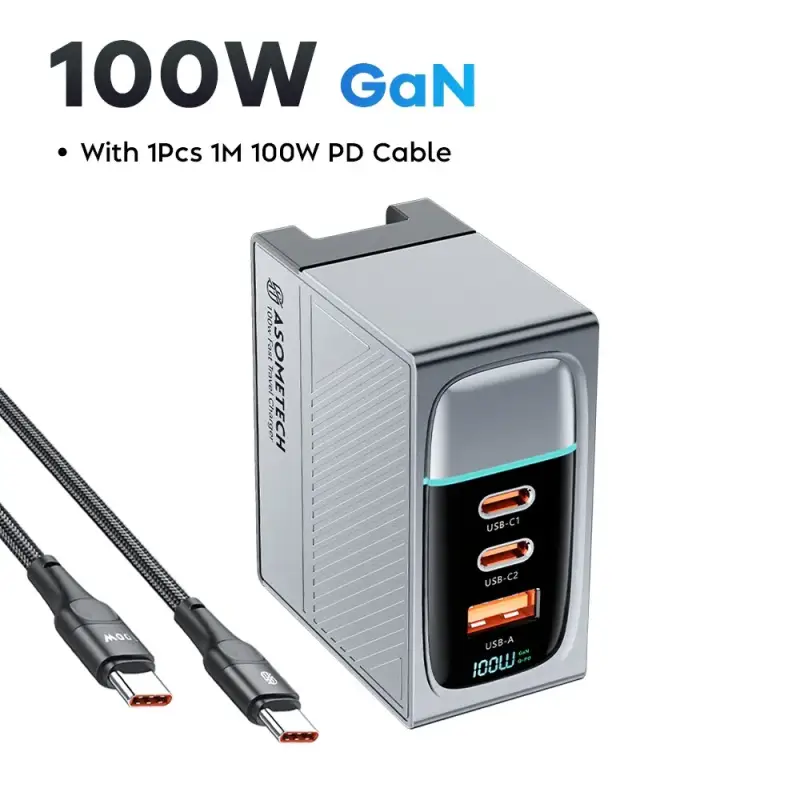 ASOMETECH 100W 3-Port GaN Fast Charge Socket with LCD Display - USB A / Type C Power Delivery PD Phone Charger Plug