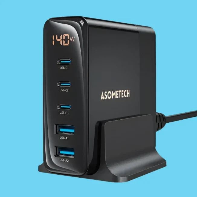 ASOMETECH 140W 5-Port GaN Fast Charging Power Hub - USB A / Type-C Power Delivery PD Phone Charger