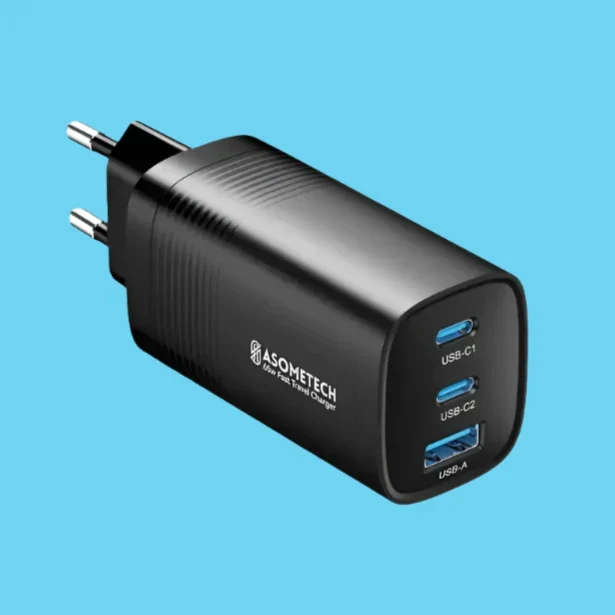 ASOMETECH 65W 3-Port GaN Fast Charging Socket - USB A / Type C Power Delivery PD Phone Charger Plug