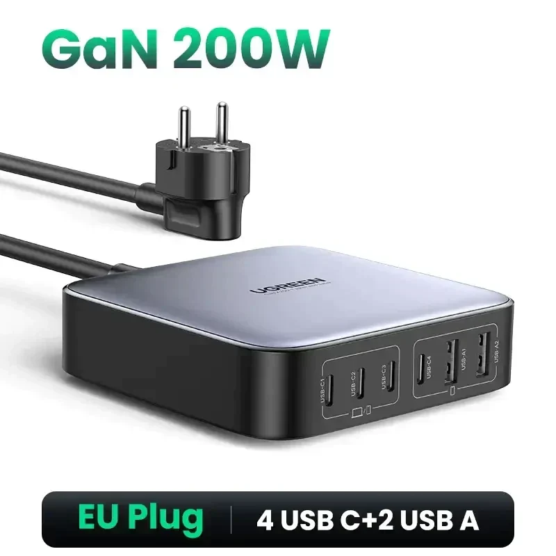 UGREEN 200W GaN 6-Port USB A / Type-C Fast Charging Socket - Power Delivery PD Phone Charger Plug