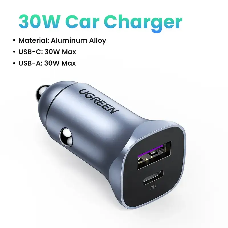 UGREEN 30W USB A / Type-C Fast Charging Car Socket - Power Delivery PD Auto Phone Charger Plug