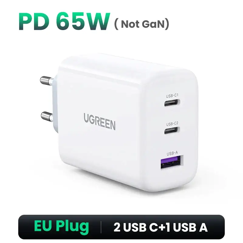 UGREEN 65W 3-Port Fast Charging Socket - USB A / Type-C Power Delivery PD Phone Charger Plug
