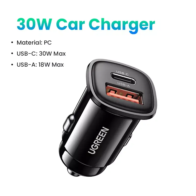 UGREEN 30W 2-Port USB A & Type-C Fast Charging Car Socket - Power Delivery PD Auto Phone Charger
