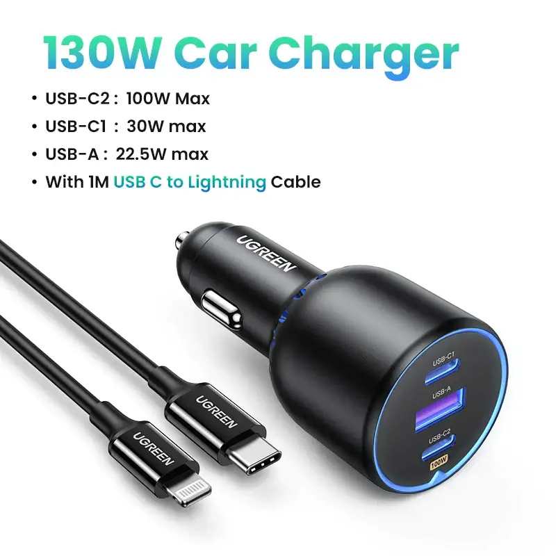 UGREEN 130W 3-Port Fast Charging Car Socket - USB A / Type C Power Delivery PD Phone Charger Plug