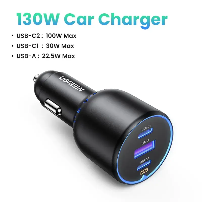 UGREEN 130W 3-Port Fast Charger Car Socket - USB A / Type C Power Delivery PD Phone Charger Plug