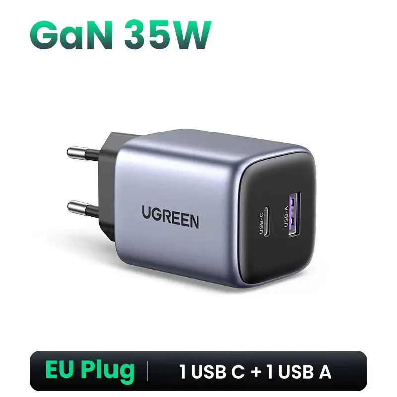 UGREEN 35W 2-Port GaN Fast Charging Socket - USB A / Type-C Power Delivery PD Phone Charger Plug