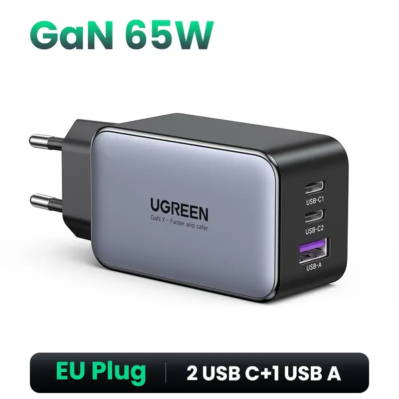 UGREEN 65W 3-Port GaN Fast Charging Socket - USB A / Type C Power Delivery PD Phone Charger Plug