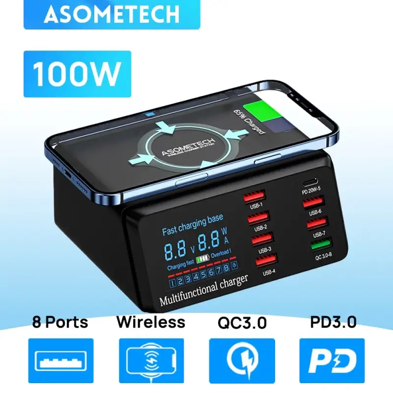 100W 8-Port Wireless Fast Charging Station - USB A / Type C Power Delivery PD Phone Charge Stand
