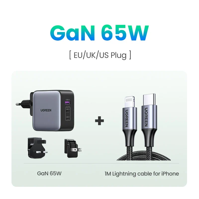 UGREEN 65W 3-Port GaN International Travel Adapter Socket - USB A / Type C Power Delivery PD Phone Device Charger