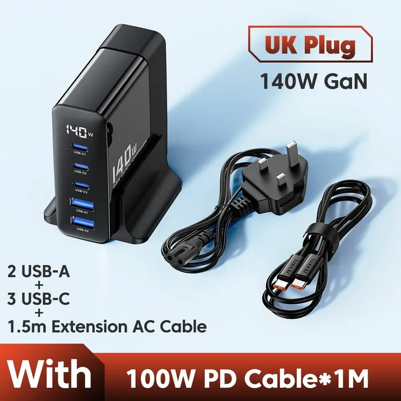 Toocki 140W 5-Port GaN Fast Charging Stand with LED Display - USB A / Type C Power Delivery PD Phone Desktop Charger