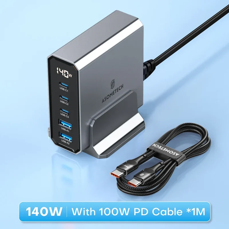 ASOMETECH 140W 5-Port GaN Fast Charging Stand - USB A / Type C Power Delivery PD Phone Desktop Charger