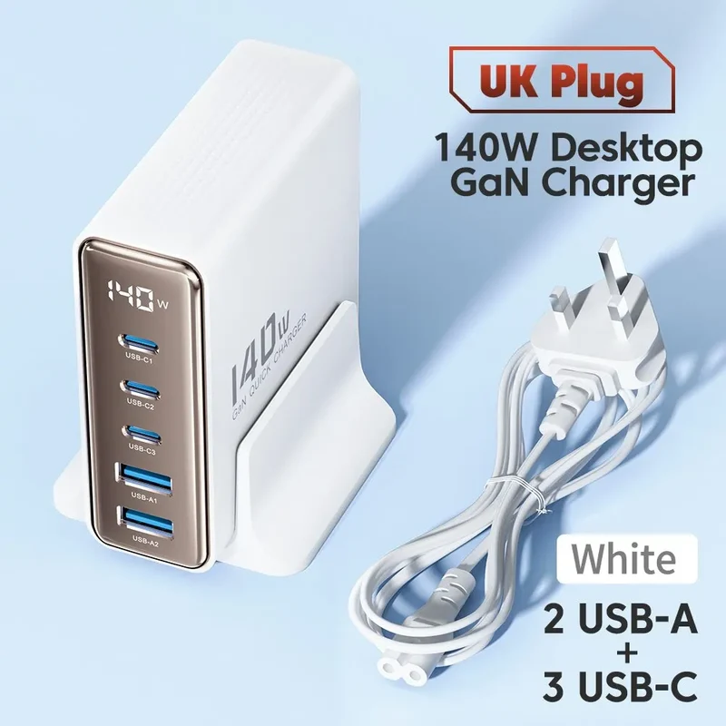 Toocki 140W 5-Port GaN Fast Charger Stand with LED Display - USB A / Type C Power Delivery PD Phone Charger