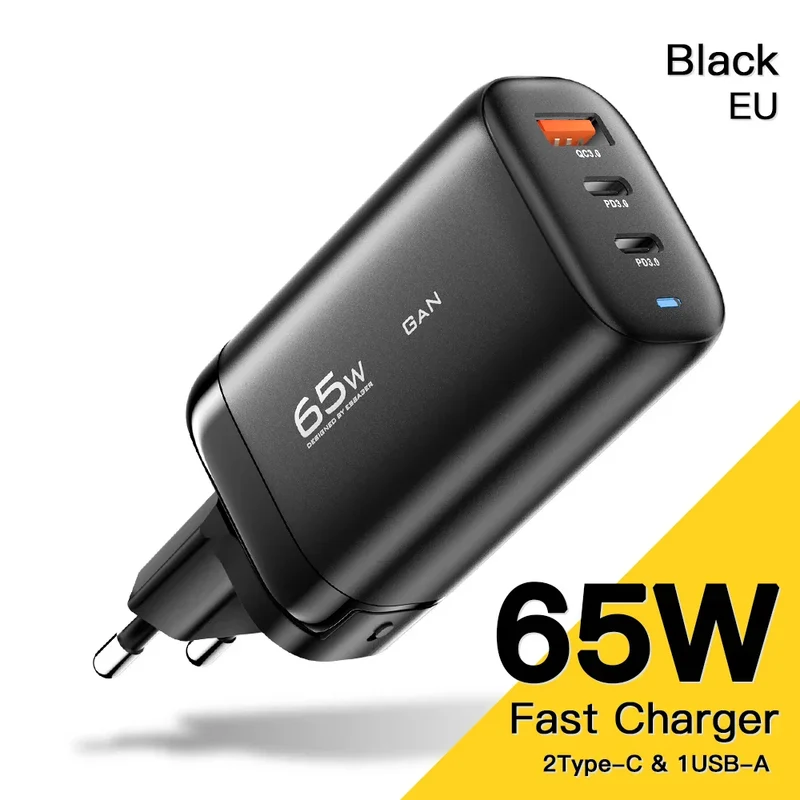 Essager 65W 3-Port GaN Fast Charging Socket - USB A / Type C Power Delivery PD Phone Charger Plug