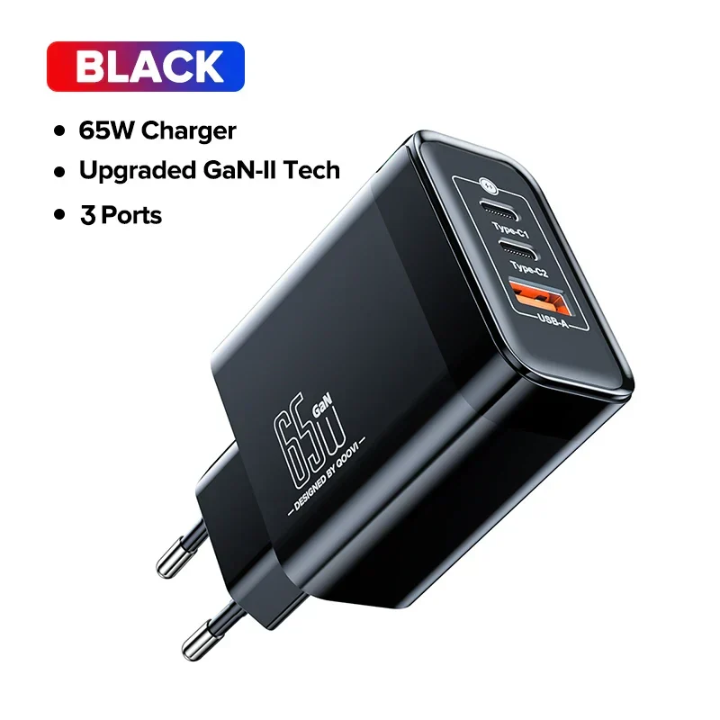 QOOVI 65W 3-Port GaN Fast Charging Socket - USB A / Type C Power Delivery PD Phone Charger Plug