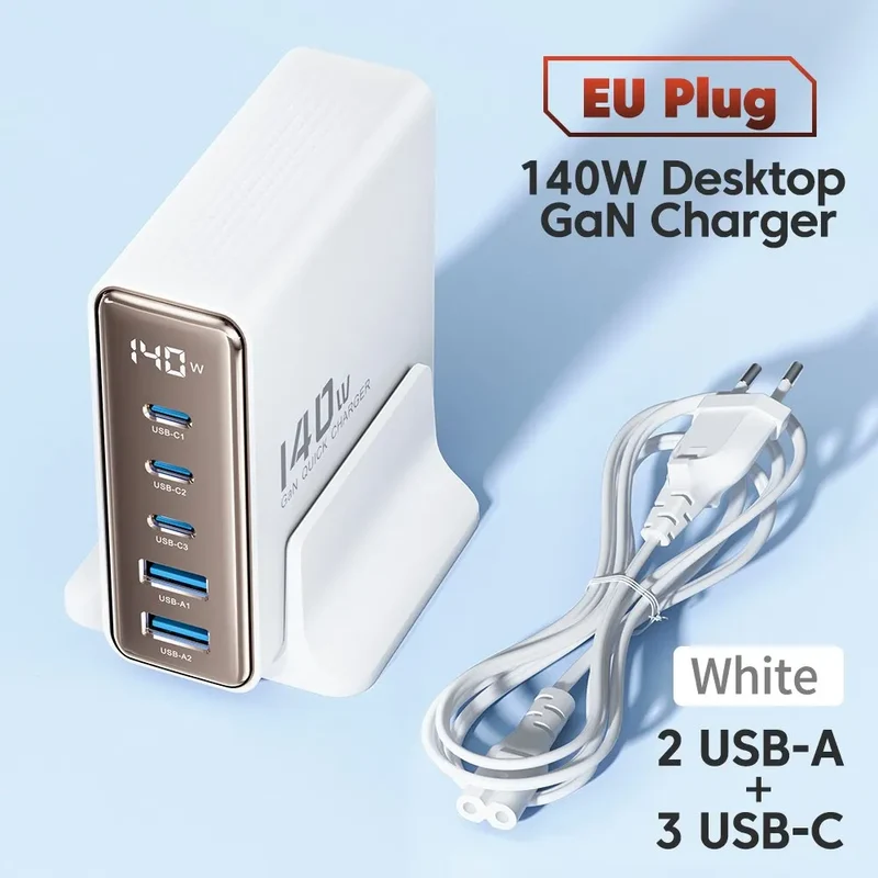 Toocki 140W 5-Port GaN Fast Charging Stand with LED Display - USB A / Type C Power Delivery PD Phone Charger