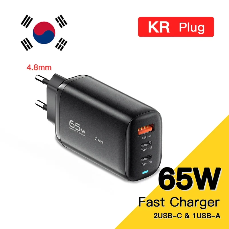 Essager 65W 3-Port GaN Fast Charging Socket - USB A / Type C Power Delivery PD Phone Charger Plug