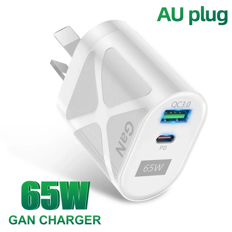 65W 2-Port Gan Fast Charging Socket - USB A / Type C Power Delivery PD Phone Charger Plug
