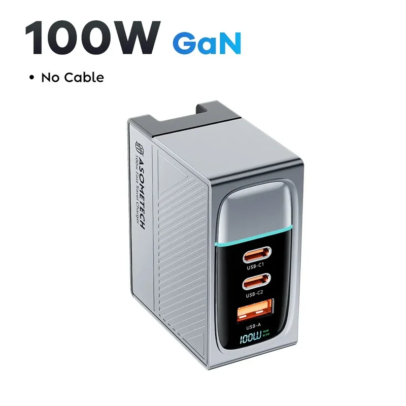 ASOMETECH 100W 3-Port GaN Fast Charging Socket with LED Display - USB A / Type C Power Delivery PD Phone Charger Plug
