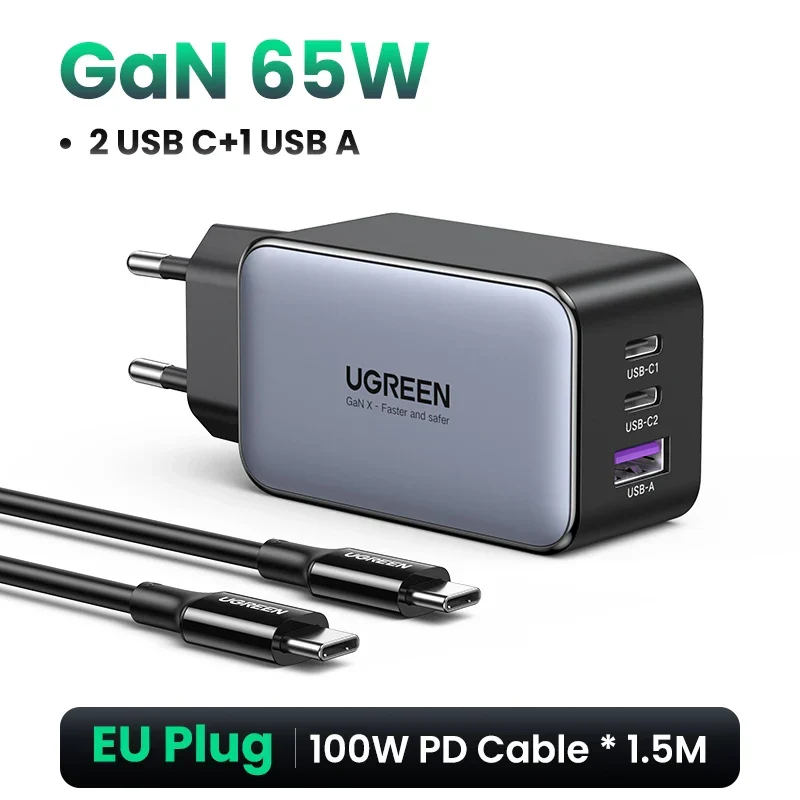 UGREEN 65W 3-Port GaN Fast Charging Socket - USB A / Type C Power Delivery PD Phone Charger Plug