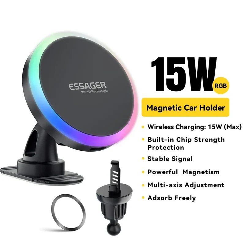 Essager 15W MagSafe Wireless Charging RGB Car Cradle for iPhone Samsung All Phones - PD Auto Phone Charger Stand