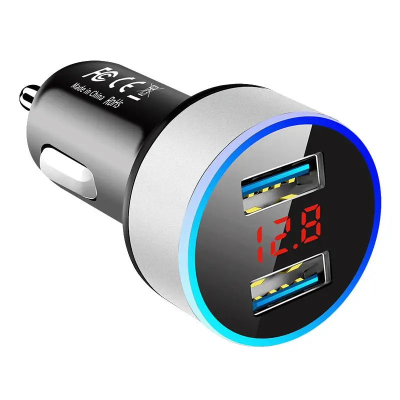 Car Charger with Dual USB Ports and Voltmeter Display