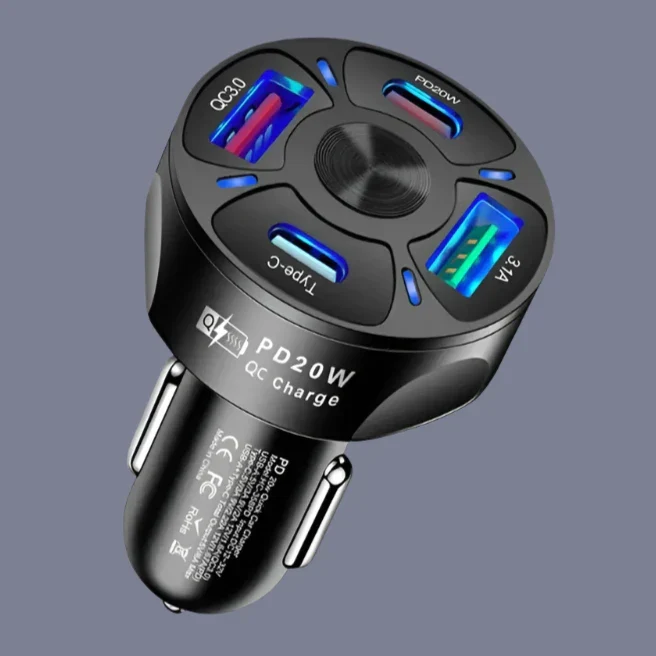20W 3.1A 4-Port Fast Charging Car Socket - USB A / Type C Power Delivery PD Phone Charger Plug