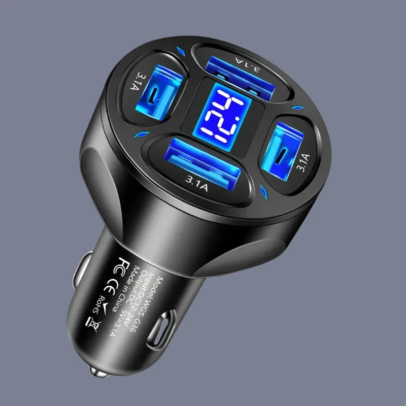 66W 4-Port Fast Charging Car Socket with LCD Display - USB A Power Delivery PD Auto Phone Charger