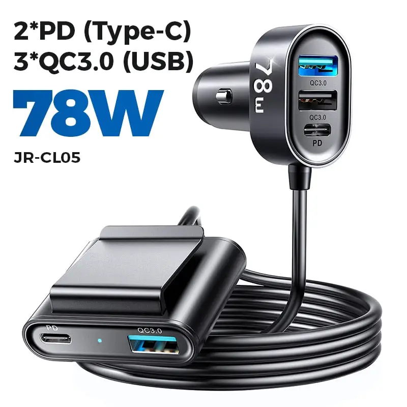 Joyroom 78W 5-Port Fast Charging Car Socket - Power Delivery PD Auto Phone Charger Plug