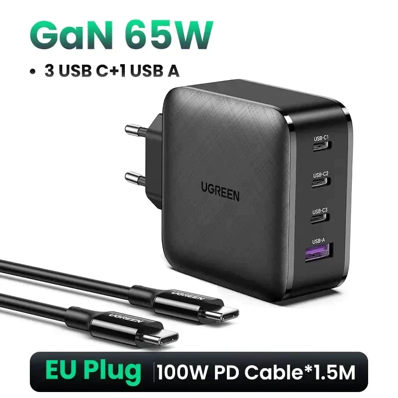 UGREEN 65W 4-Port GaN Fast Charging Socket - USB A / Type-C Power Delivery PD Phone Charger Plug