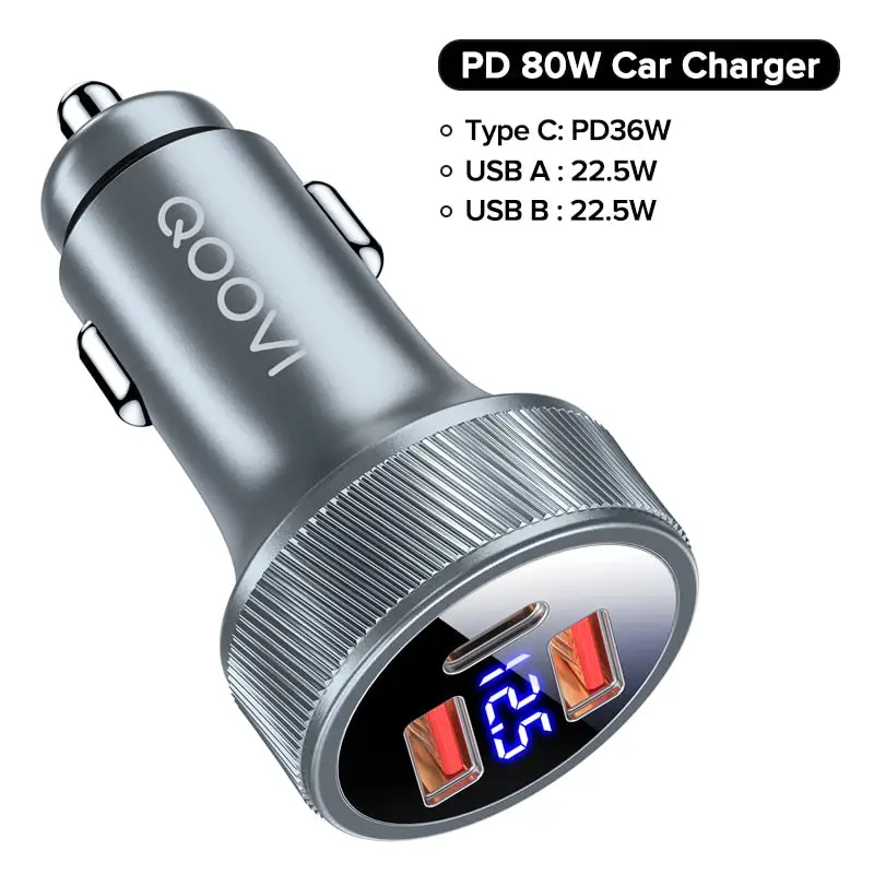 QOOVI 80W 3-Port USB A / Type C Fast Charging Car Socket - Power Delivery PD Auto Phone Charger Plug