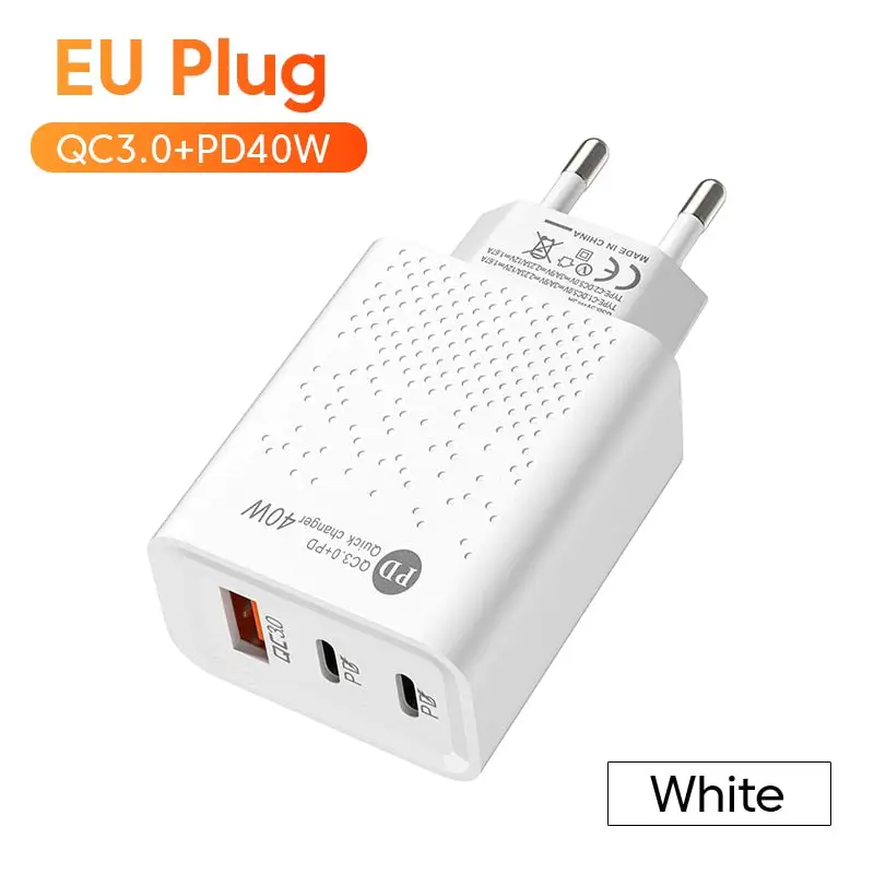 40W 3-Port Fast Charging Socket - USB A / Type-C Power Delivery PD Phone Charger Plug
