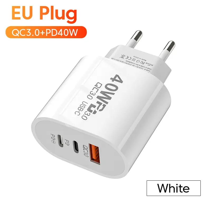 40W 3-Port Fast Charging Socket - USB A / Type-C Power Delivery PD Phone Charger Plug